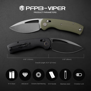 Petrified Fish PFP13 - Viper, 3.50" K110 Steel Blade, G10 Handle, Crossbar Lock Folding knife